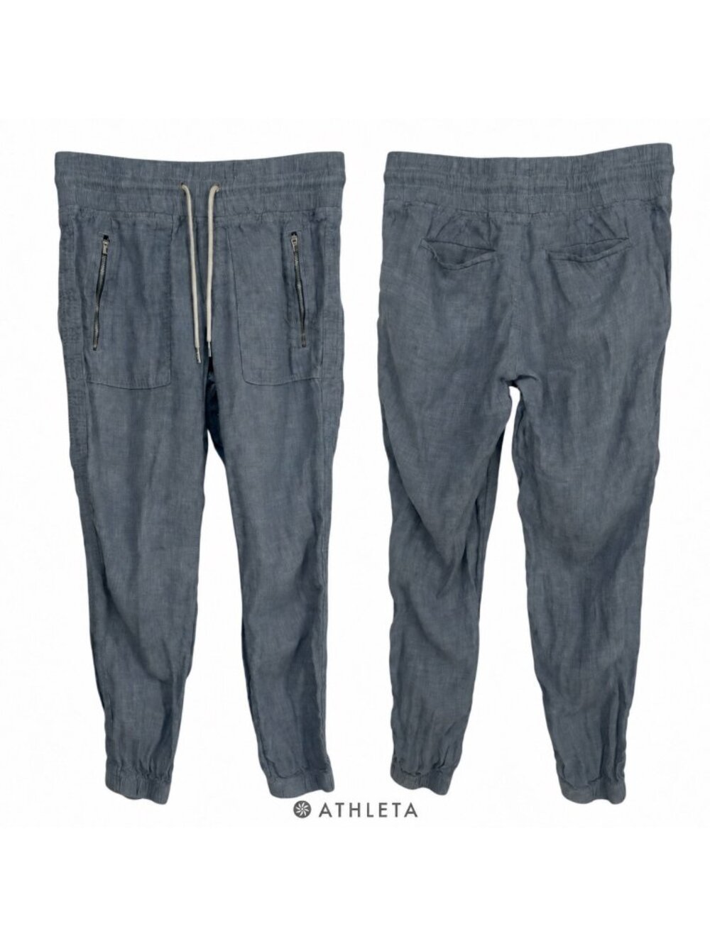 Athleta Pants Women's 2P Blue Chambray Linen Jogger Zip Pocket Drawstring Waist